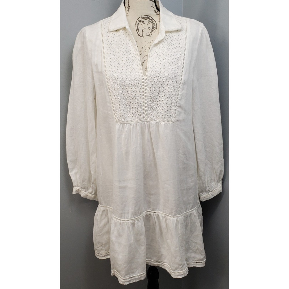 Magaschoni Shift Dress Womens L White Linen Eyelet Ruffle Tiered Hem Resort Wear